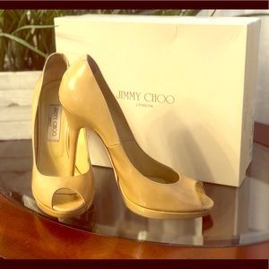 Jimmy Choos Quiet Peep Toe Pumps in Nude Patent
